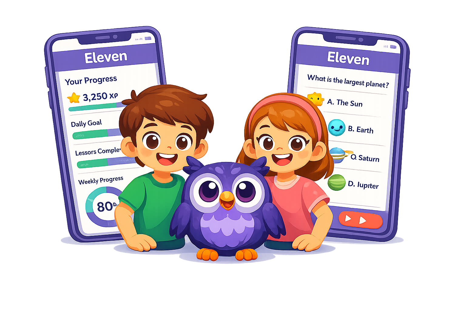 Two children and an owl mascot with phone mockups showing the Eleven learning app