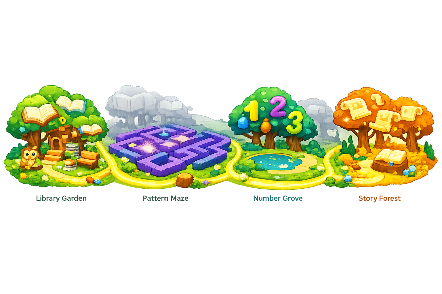 The Living World map showing four subject biomes — library garden, pattern maze, number grove, and story forest connected by golden paths
